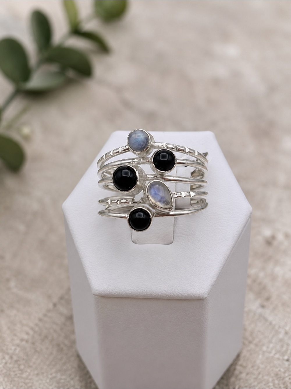 Black Onyx & Rainbow Moonstone Silver Ring - Size 9
